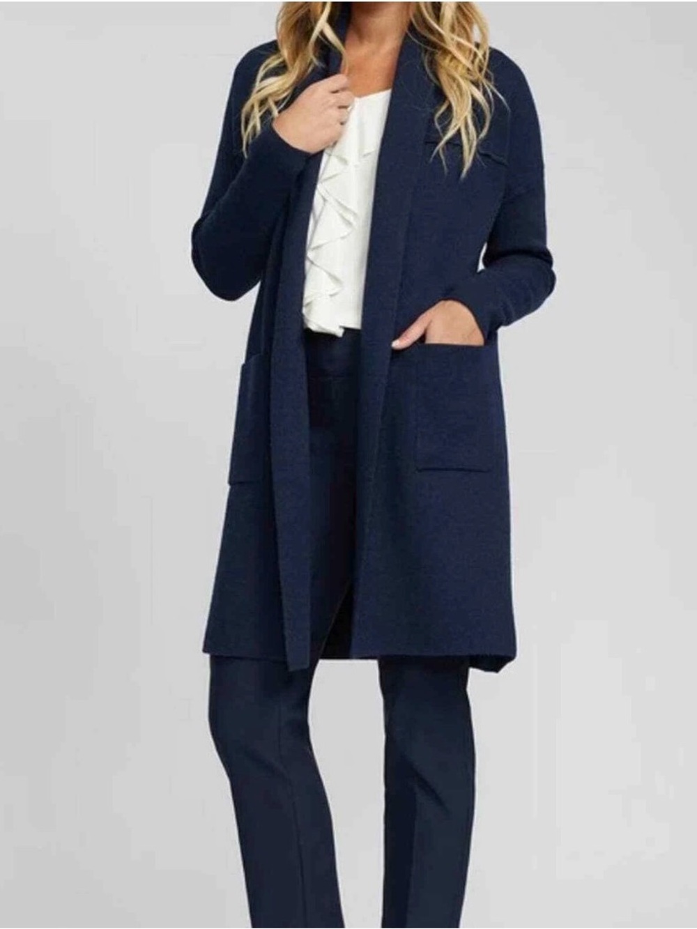 LK Bennett Sloane Blue Navy Open-Front Wool Long Cardigan Car Coat Pockets VGUC
